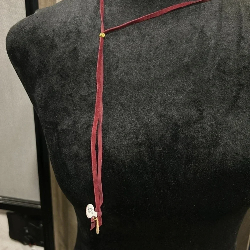 Handmade Faux Maroon Suede &‎ Gold Bead Long Tassel Necklace NWT